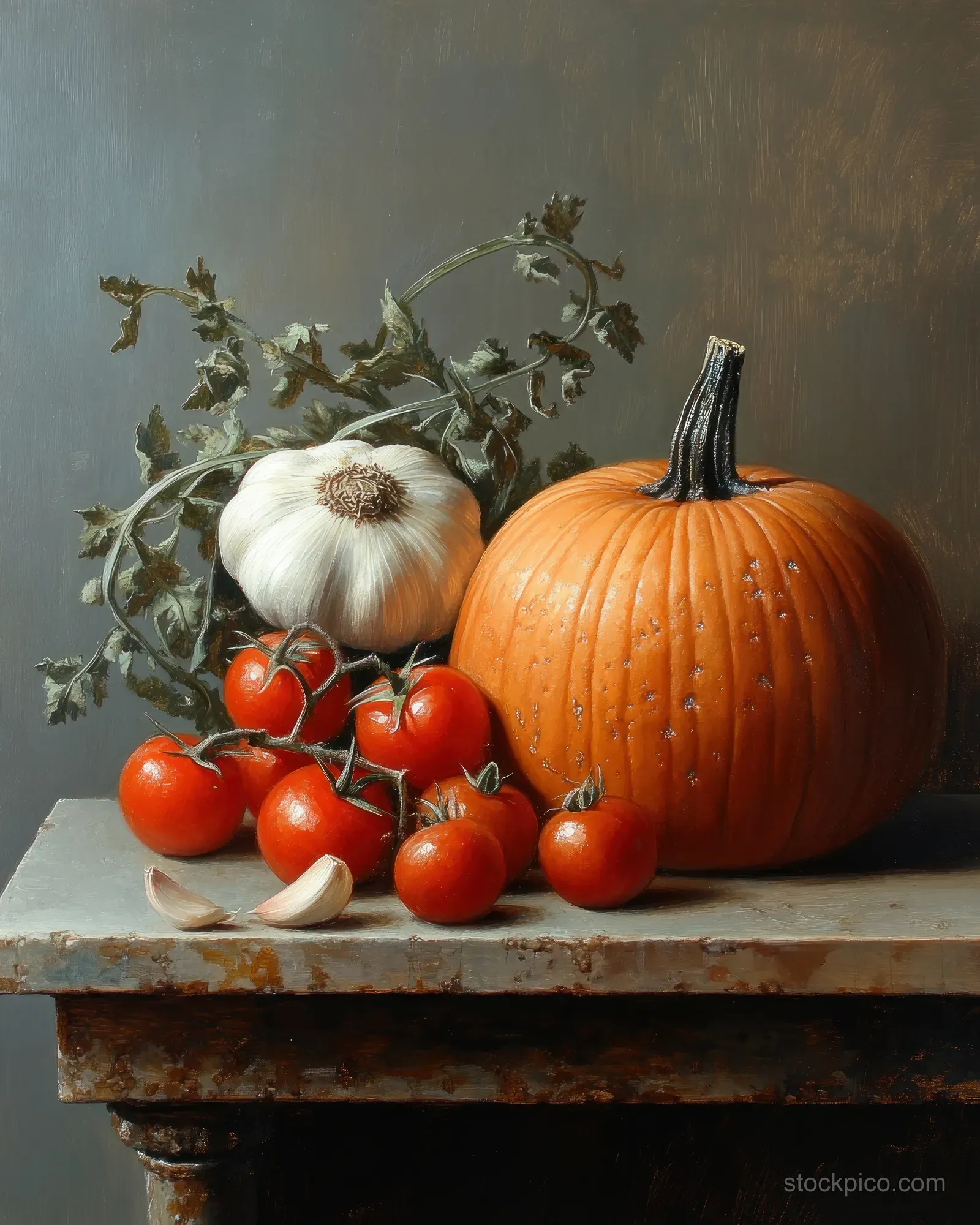 A festive autumn still life displays a pumpkin, tomatoes, garlic, and an orange on a rustic table with soft diffused light.