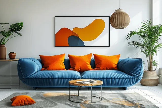 Blue sofa with orange cushions sits in a bright Scandinavian living room under a hanging pendant and abstract wall art.