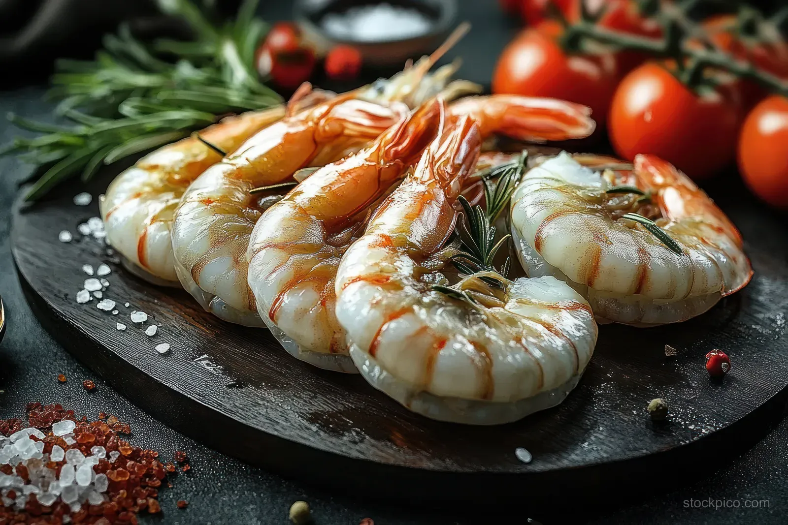 Five cooked shrimp on a dark wooden board with coarse salt, peppercorns, rosemary, and blurred cherry tomatoes behind.