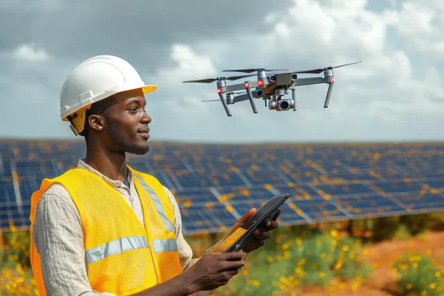 Worker in reflective vest pilots a drone with tablet near solar panels