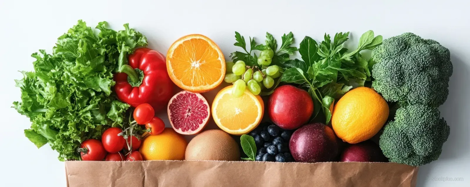 A brown paper bag overflows with colorful fresh produce including tomatoes, citrus, grapes, and leafy greens.