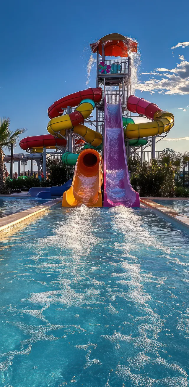 Colorful red, yellow, and blue water slides pour water into a splashing pool at a sunny outdoor water park.