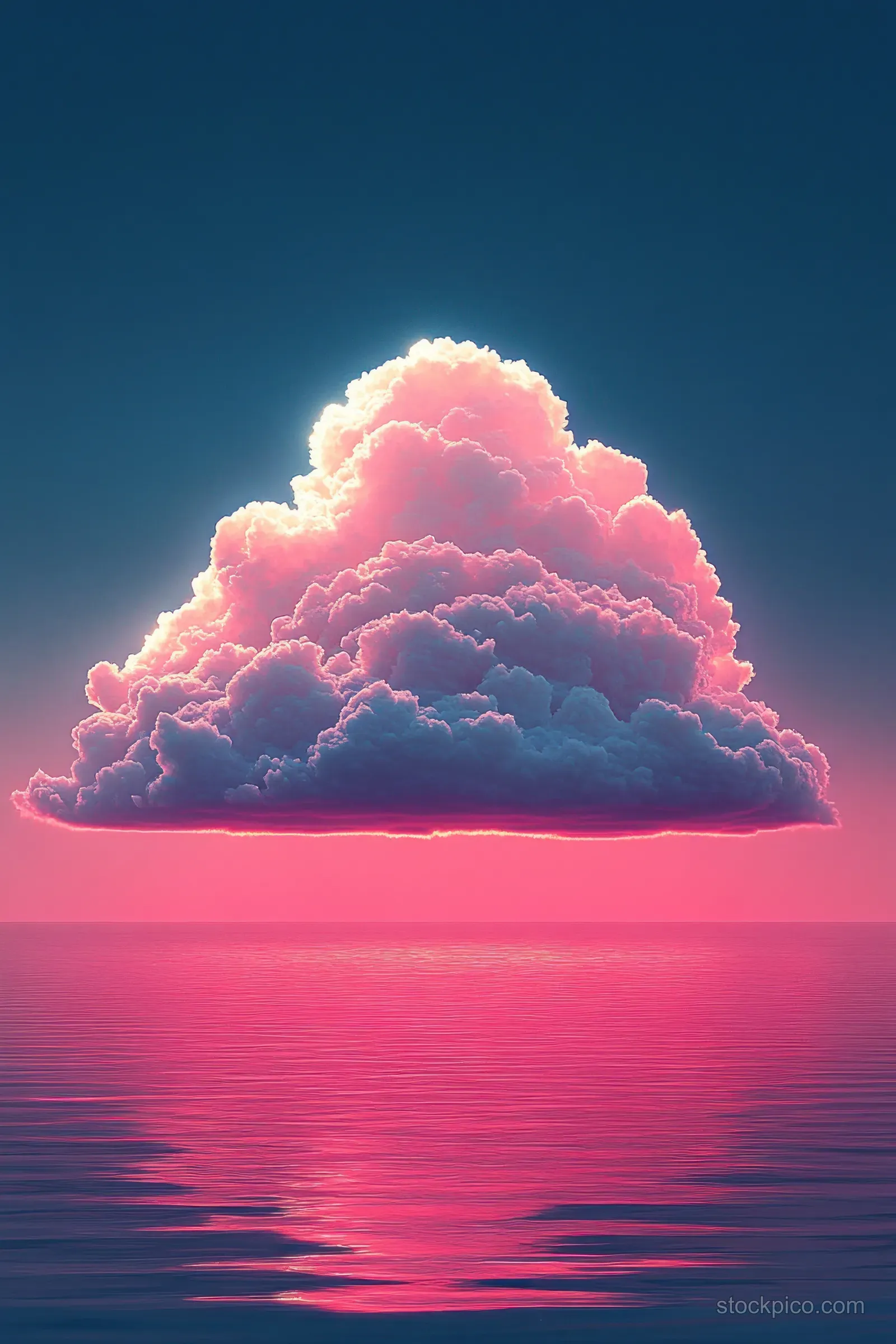 A glowing pink and purple cloud floats above still ocean water with reflected colors under a deep blue sky.