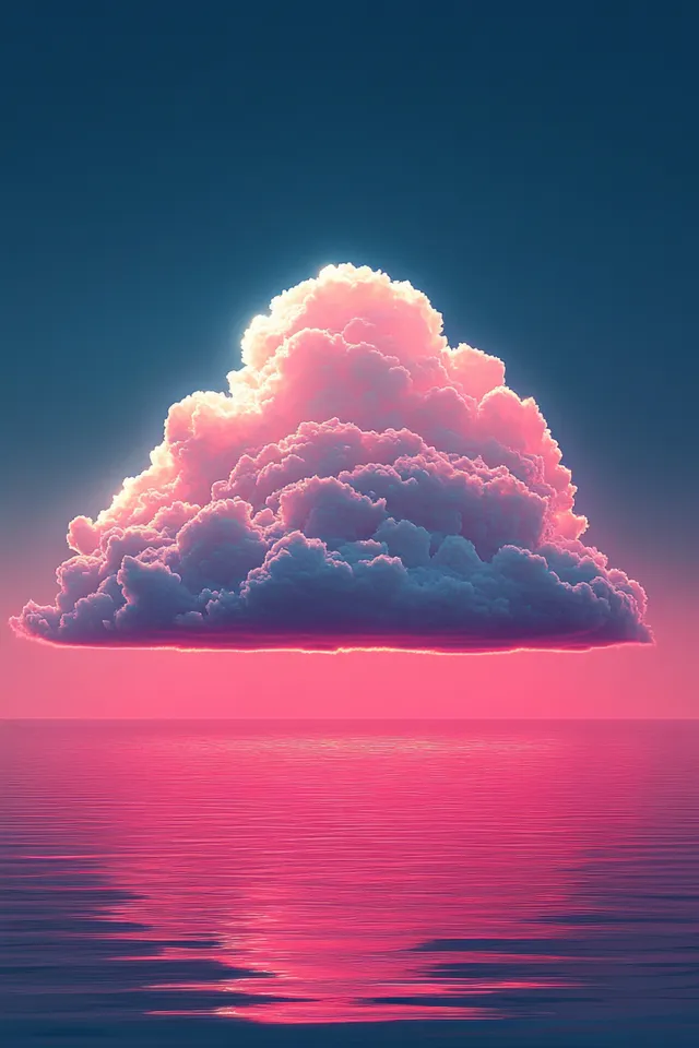 A glowing pink and purple cloud floats above still ocean water with reflected colors under a deep blue sky.