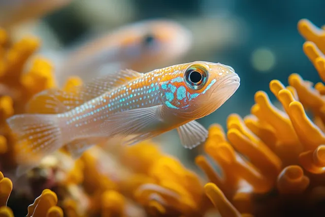 Rainbow runner fish glides near orange goniopora coral polyps in softly lit seawater.
