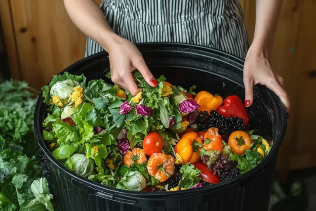 A woman’s hands place fresh vegetables and herbs into a black trash bin filled with salad scraps.