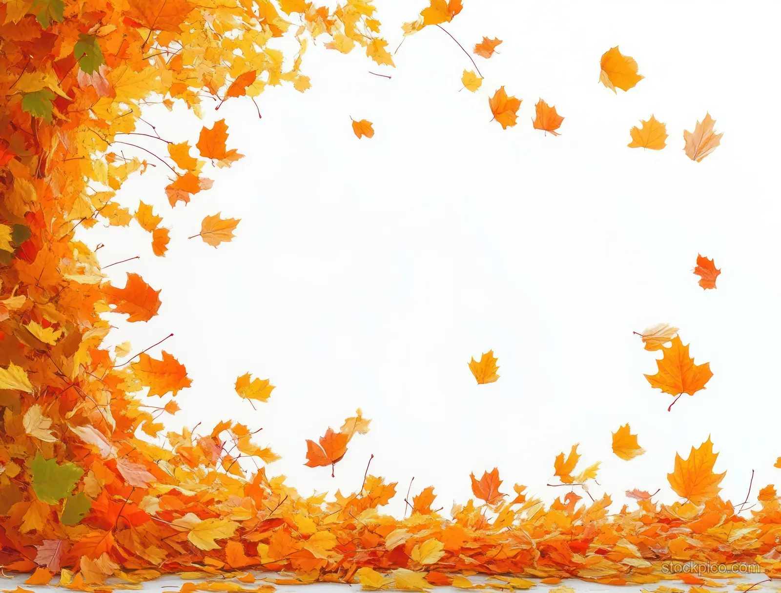 Orange and yellow maple leaves swirl upward across a bright white autumn background.