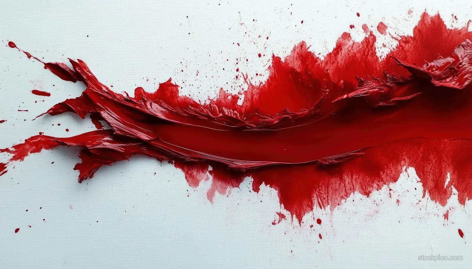 Bold red paint splashes and strokes create a dynamic abstract composition on a textured white canvas.