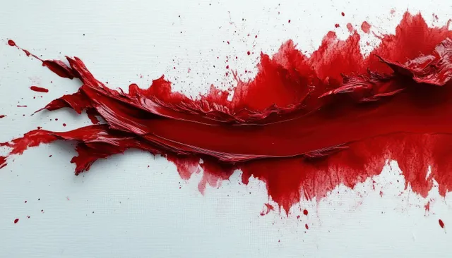 Bold red paint splashes and strokes create a dynamic abstract composition on a textured white canvas.