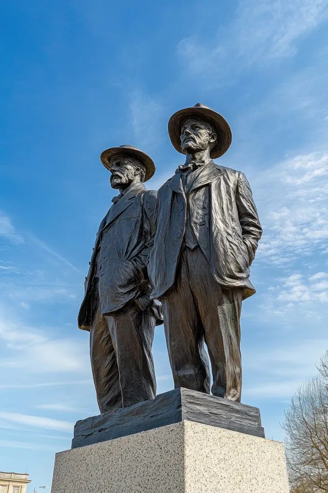 Bronze statue of two men in early 20th-century suits standing on stone pedestal outdoors
