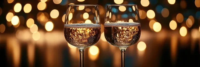 Two sparkling wine glasses with golden bokeh lights at a festive table