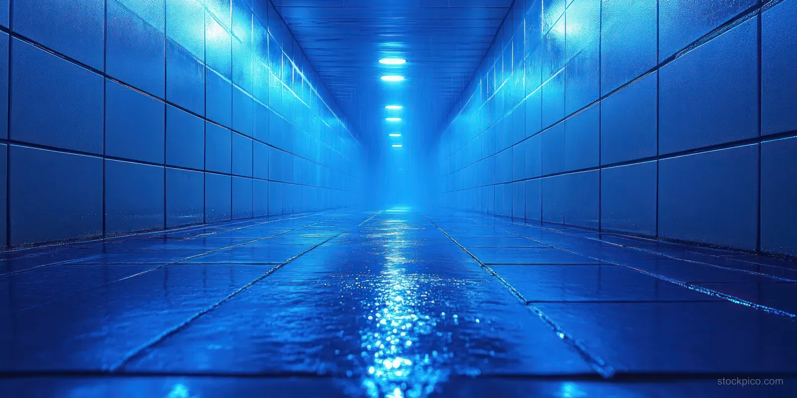 Neon blue light strips illuminate a dark corridor with wet glossy floor tiles and foggy depth.
