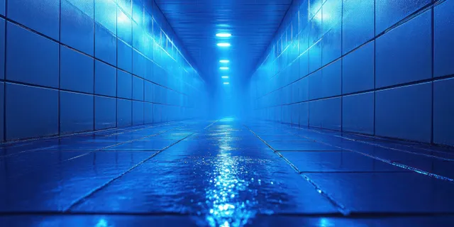 Neon blue light strips illuminate a dark corridor with wet glossy floor tiles and foggy depth.