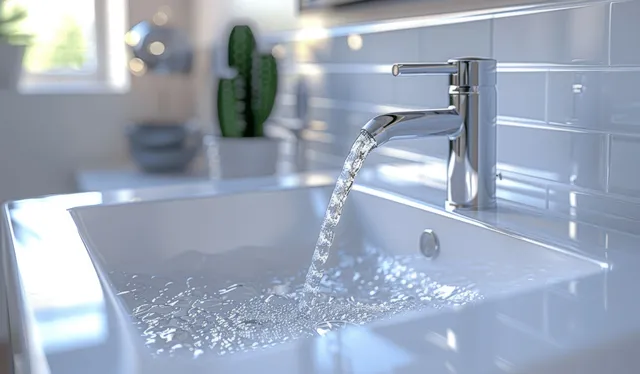 Chrome faucet pours running water into a modern kitchen sink beside potted cacti in daylight.