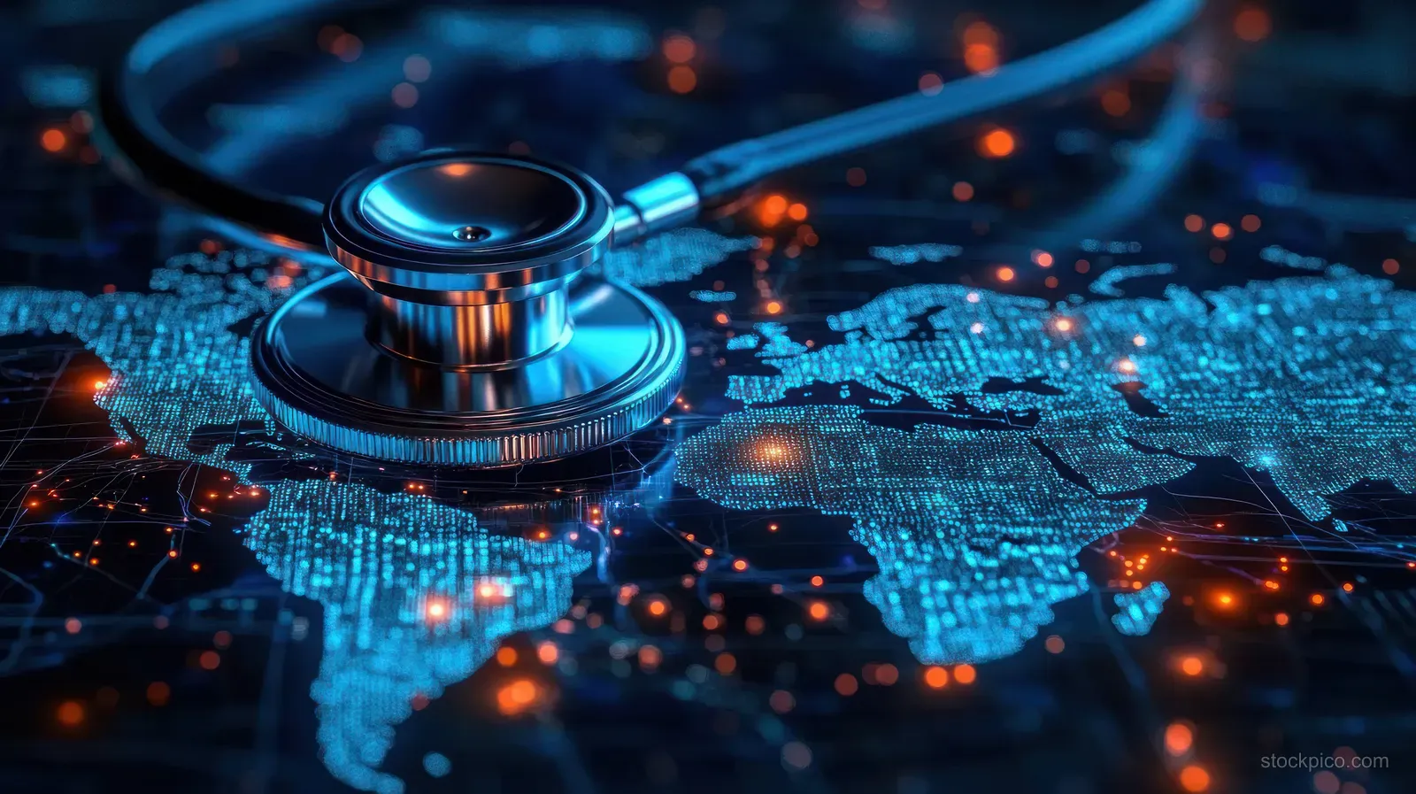 Metal stethoscope sits on a glowing digital world map with connected network nodes and data lights.