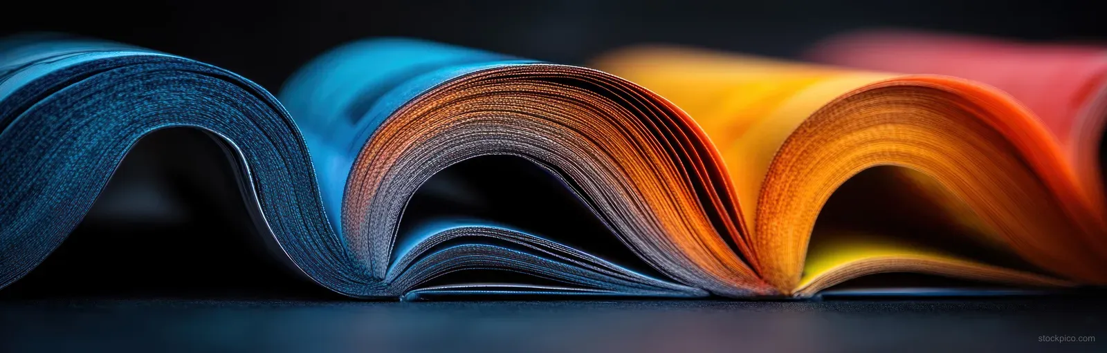 Stacked fashion magazines with colorful spines and fanned pages under bright studio light on a clean background.