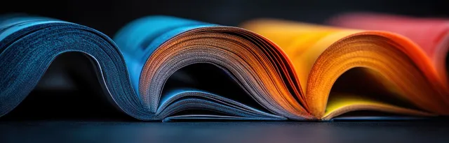 Stacked fashion magazines with colorful spines and pages fanned in bright studio light