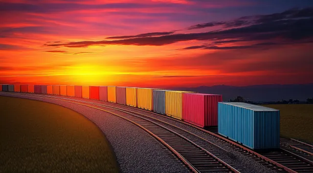 Colorful shipping containers sit beside a freight train under a dramatic sunset sky