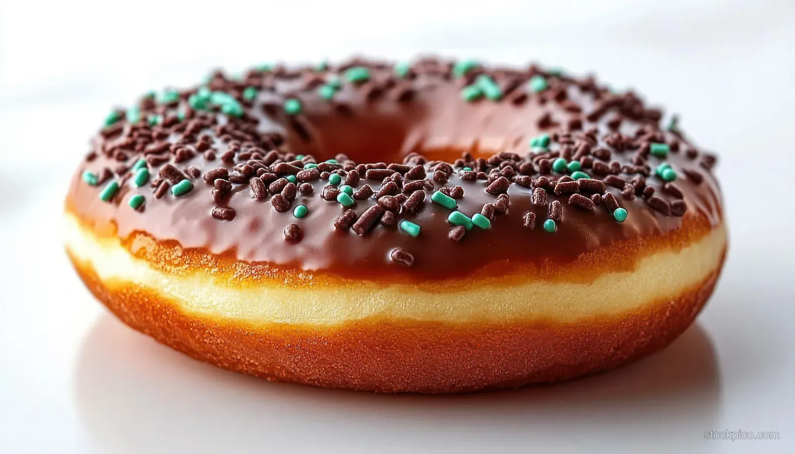 Chocolate frosted donut with green and brown sprinkles sitting on a white background.