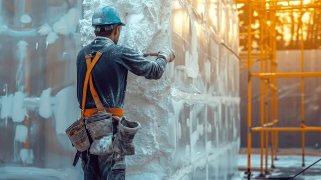 Worker in protective gear installs foam insulation panels on an exterior house wall during building renovation.