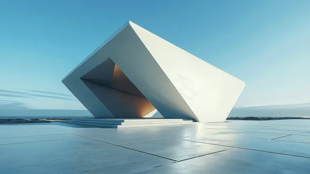 White triangular modern building render on concrete floor under clear blue sky