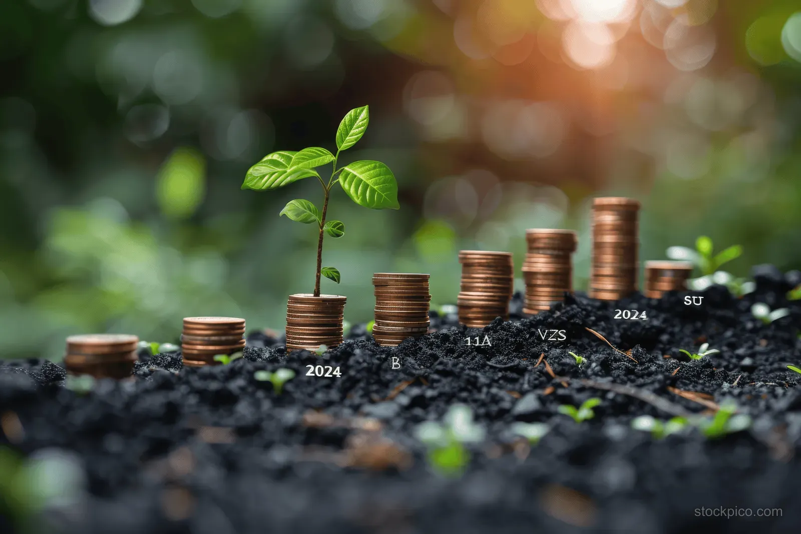 A green sprout rises from stacked coins as 2024 markers sit in outdoor soil among blurred leaves.