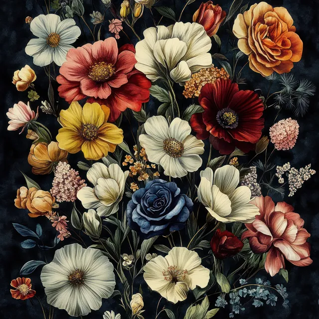 Vintage watercolor floral pattern with roses, peonies, and soft leaves on dark background