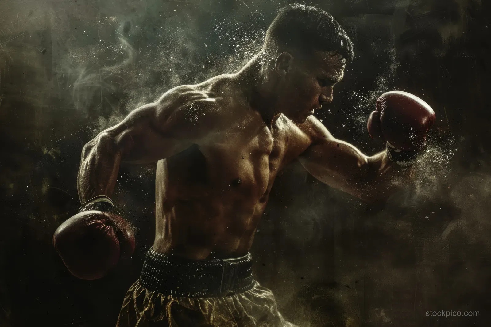 An Irish boxer in gloves throws a punch in a smoky arena under dramatic spotlight lighting.