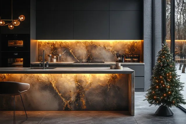 Modern kitchen island with marble veining and lit Christmas tree near large window