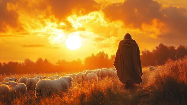 Silhouetted shepherd walking with sheep through a golden meadow under a glowing sunset sky.
