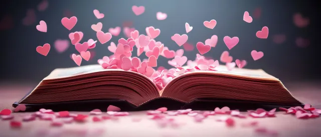 An open book with pink heart confetti floating above its pages in soft-focus lighting.