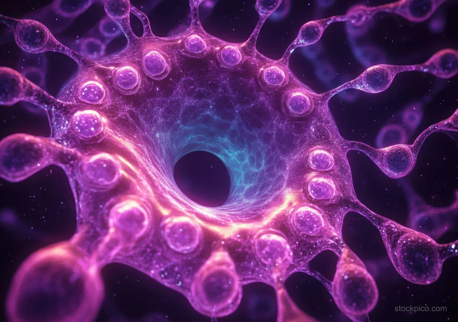 Glowing purple-blue cellular membrane surrounds a dark central void with rounded bulbous extensions.