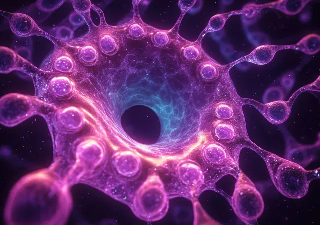 Glowing purple-blue cellular membrane surrounds a dark central void with rounded bulbous extensions.