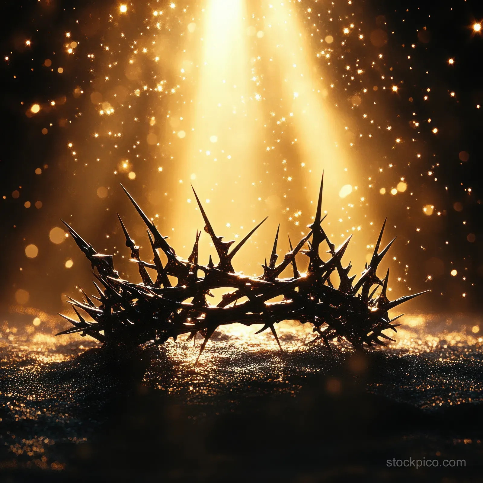 Golden light shines on a crown of thorns placed near a wooden cross in a dark, dramatic scene.