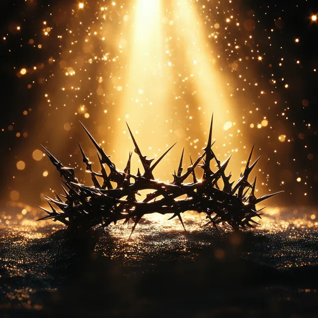 Golden light shines on a crown of thorns placed near a wooden cross in a dark, dramatic scene.
