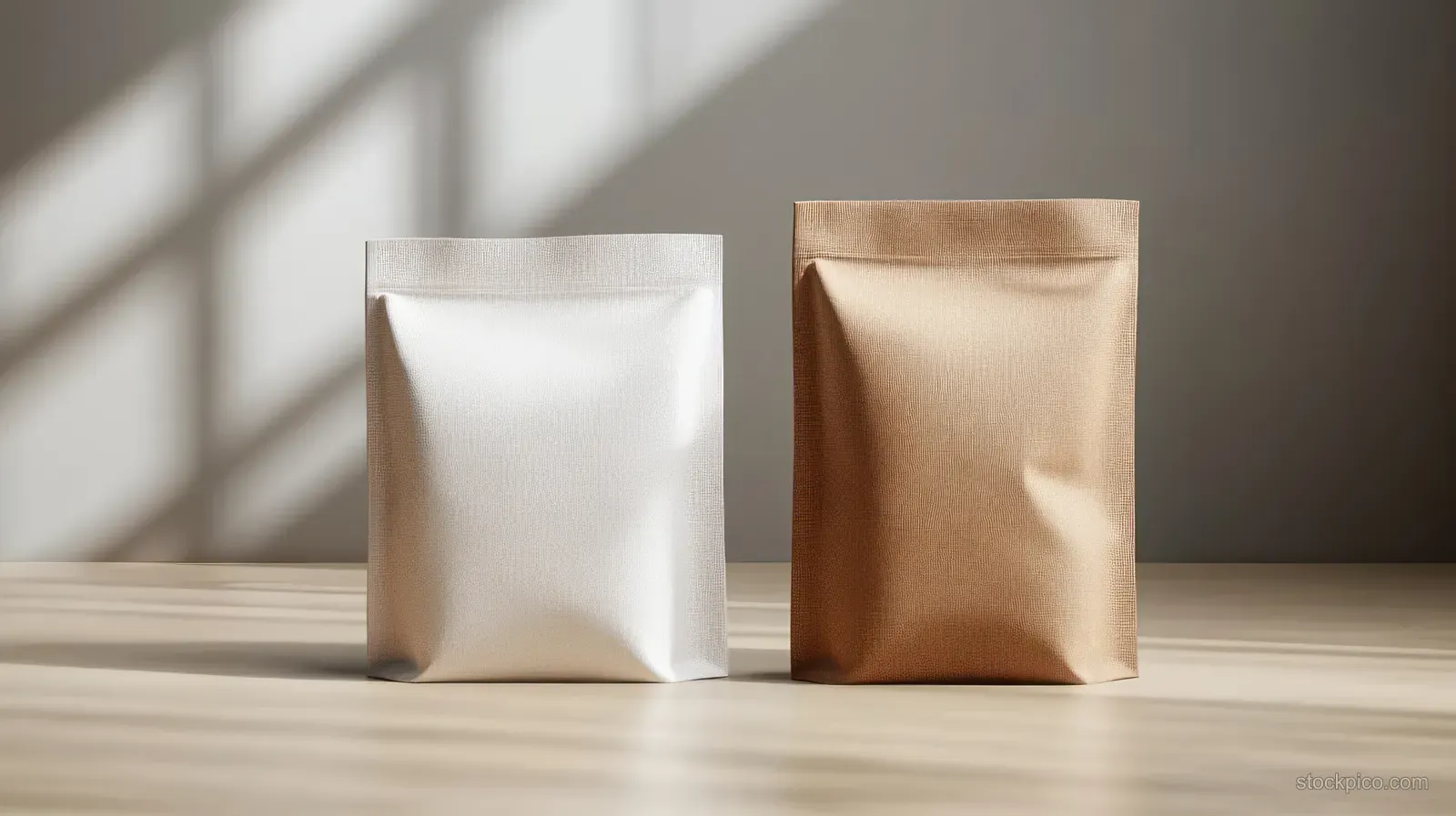 Two minimalist paper bags, one brown and one white, with ziplock-style seals on a gray surface.