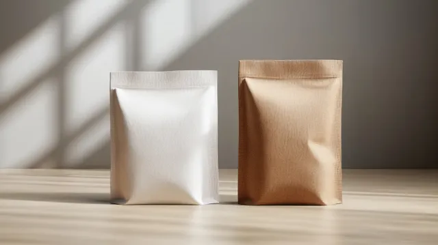 Two minimalist paper bags, one brown and one white, with ziplock-style seals on a gray surface.
