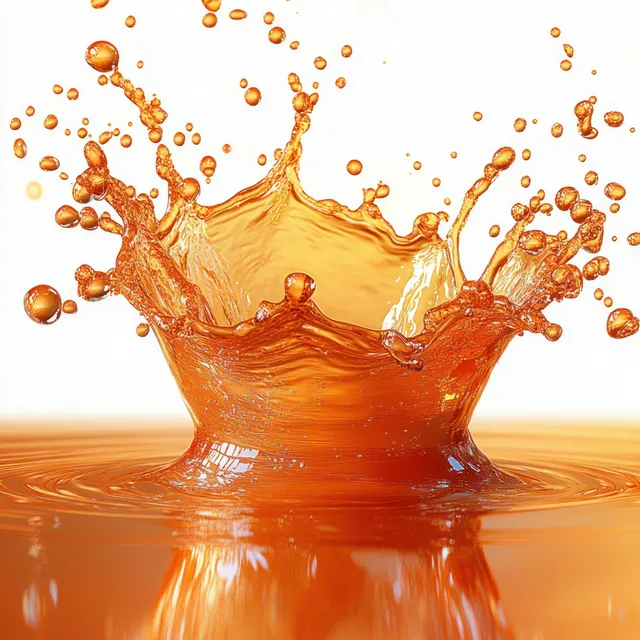 A vibrant orange liquid splashes on a reflective surface, creating dynamic droplets, waves, and ripples that convey motion.