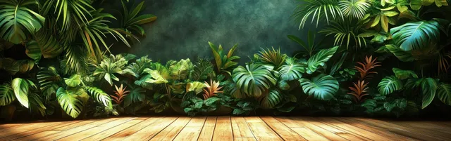 Layered tropical foliage arches above a polished wooden floor with visible leaf textures and shadows.