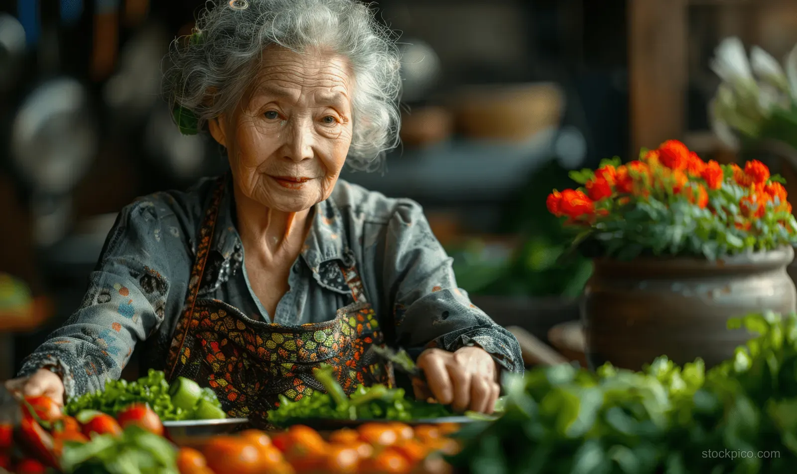 Senior woman chopping vegetables in a home kitchen with colorful produce and herbs in the background.