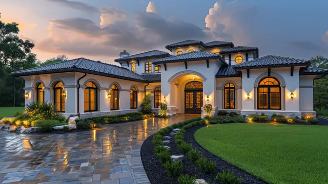 Spanish colonial mansion exterior at dusk with arched windows, paver drive, dramatic warm lights