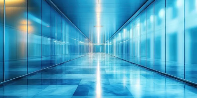 Minimalist blue-lit corridor with glass walls and a reflective floor leading to a bright vanishing point.