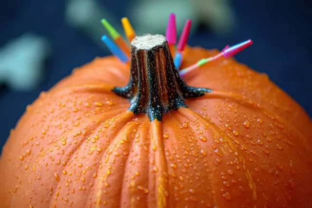 Orange pumpkin skin covered with water droplets with colorful candles inserted around its stem against a dark background.
