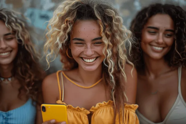 A group of diverse friends smiles while sharing and watching social media on smartphones outdoors.
