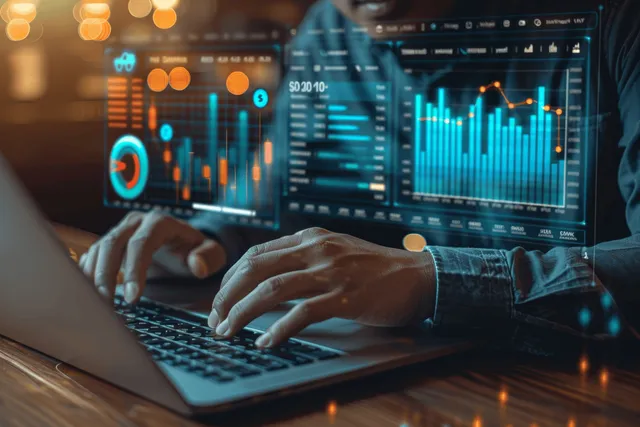 Analyst hands typing on a laptop showing KPI and financial charts with colorful dashboard indicators.