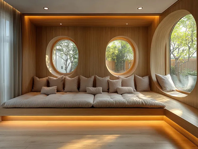 Scandinavian living room with wooden wall lighting and three round window cushions