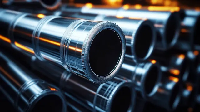 Close-up stainless steel pipe couplings with dramatic reflections in an industrial plant