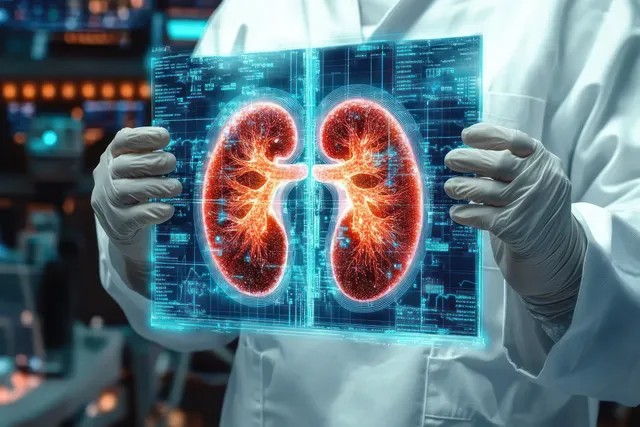 Scientist holds glowing holographic kidney image with medical data overlays in sterile lab