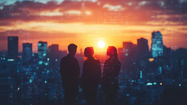 Business team meeting silhouettes over a glowing city skyline during evening partnership discussion