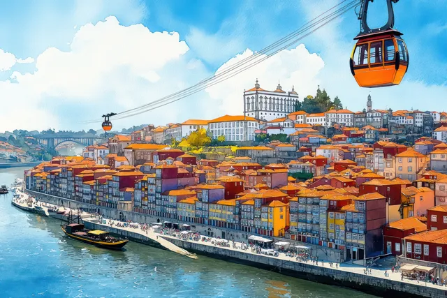 Porto riverside cityscape watercolor with orange rooftops, cable cars, and bright summer light